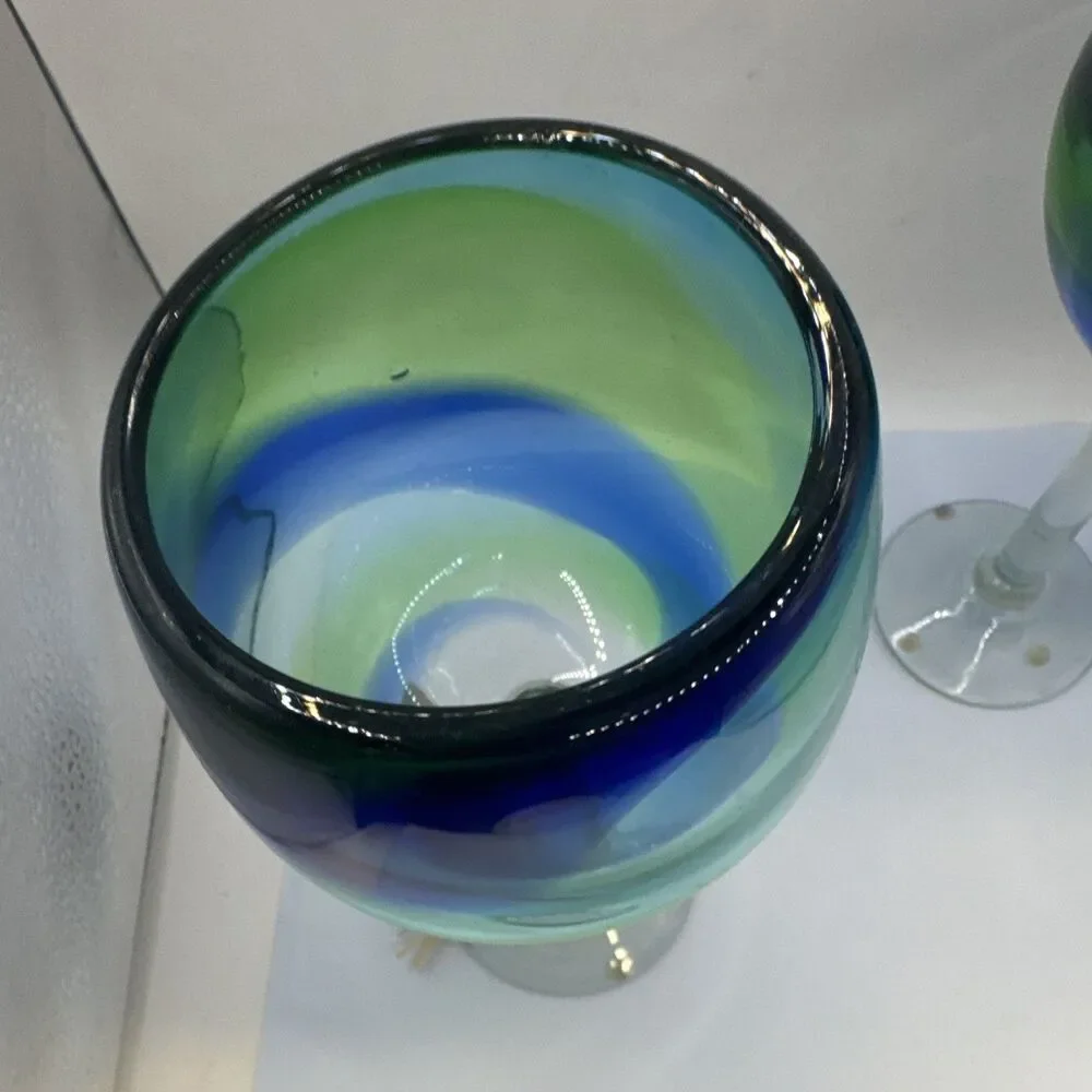 Jan Barboglio Hand Blown Swirl Wine Glasses Set of 3 Blue Green Clear